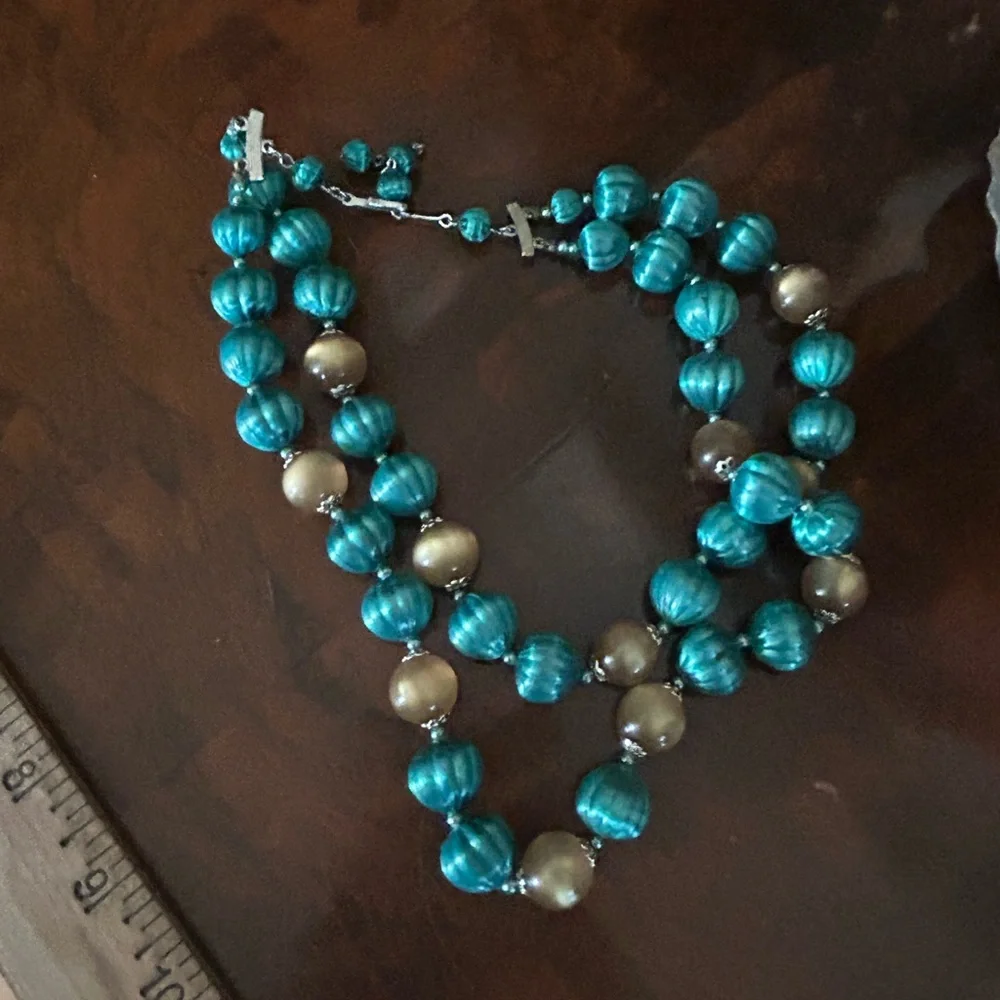 Vintage Double-Strand Green & Gold Bead Necklace